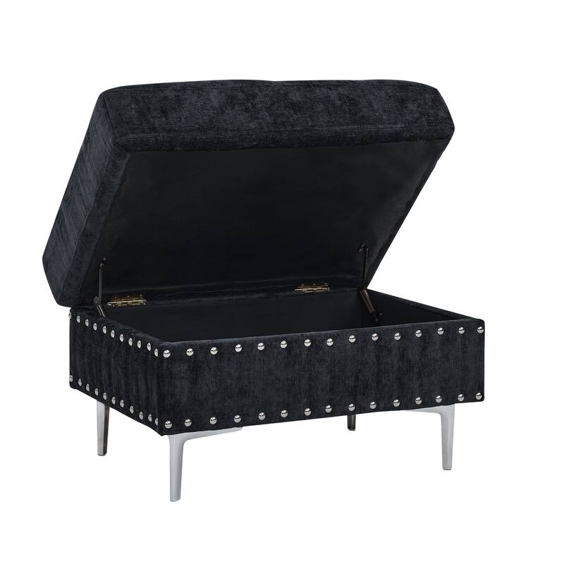 Chenille L-Shaped Sectional Sofa with Chaise & Storage Ottoman, Corner Sofa with 2 Pillows, Metal Legs & Copper Nails