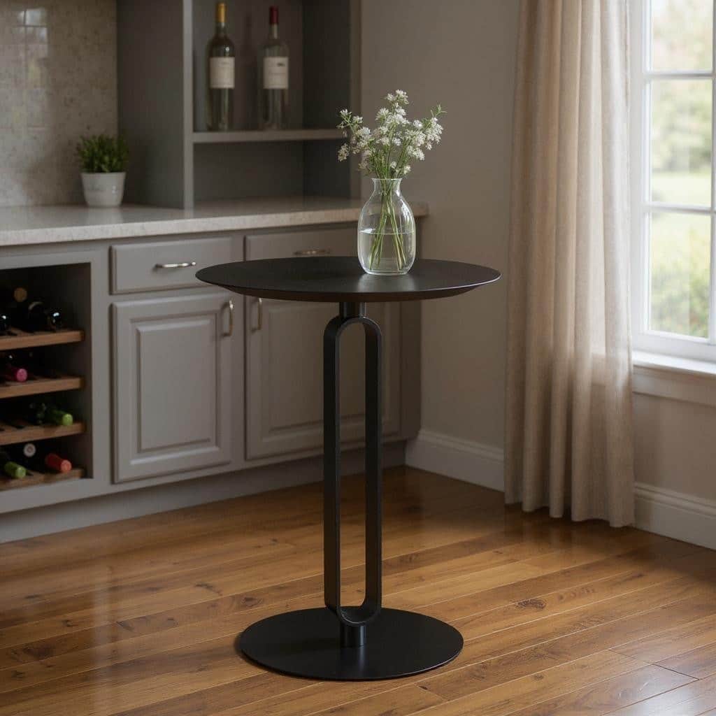 HomeRoots 24" Black Wood and Steel Rounded Bar Table - 24.00 in. x 35.40 in. x 24.00 in.