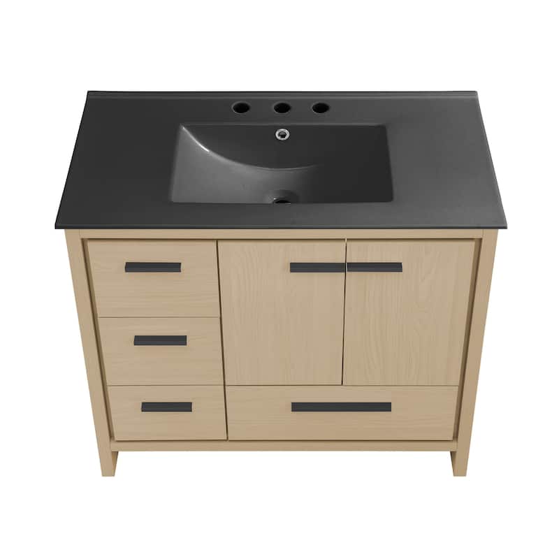 Virage 36 In. Brown Oak Bathroom Vanity With Black, 3-Hole Ceramic Sink Top