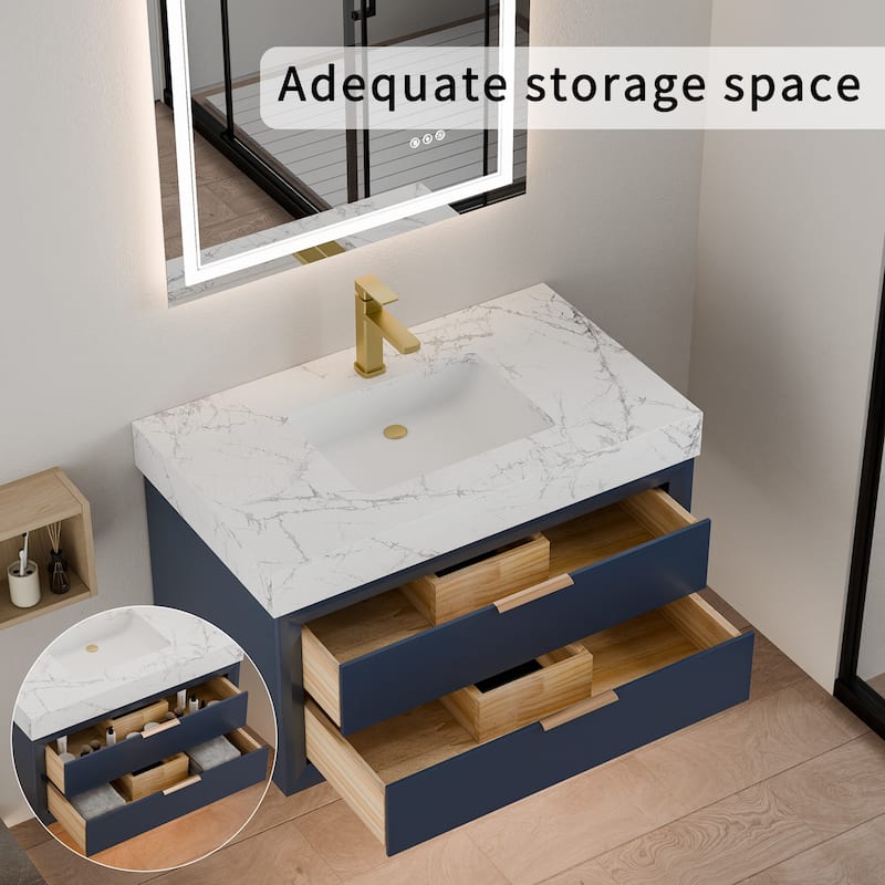 Modland 36" Wall-Mount Vanity with LED Light & 2 Soft-Close Drawers - Solid Oak, Black,White,Blue,Green - 36 inch