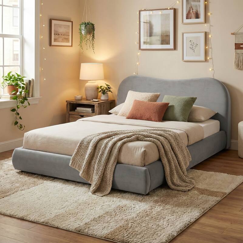 Furniture of America Niric Modern Fabric Upholstered Platform Bed with Storage Footboard - Light Grey Velvet - King