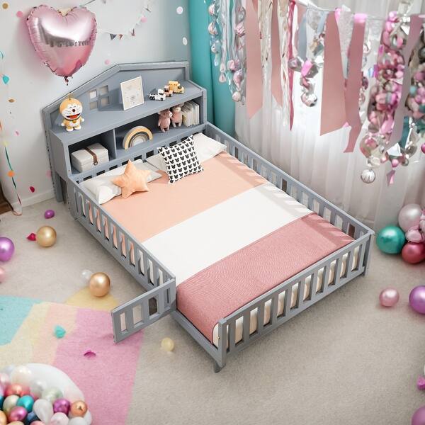 slide 2 of 12, Full Size Platform Bed with Bookcase,Chalkboard Grey