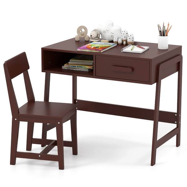 slide 2 of 30, Costway Kids Desk and Chair Set with Storage Drawer and Hutch, Student - See Details Brown