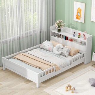 Classic Full Size Wood Platform Bed w/ Built-in LED Light Storage Bed & Storage Headboard & Guardrail Upholstered Bed Frame