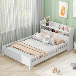 Wood Full Size Platform Bed with LED Light, Storage Headboard and Safety Guardrail for Bedroom, White