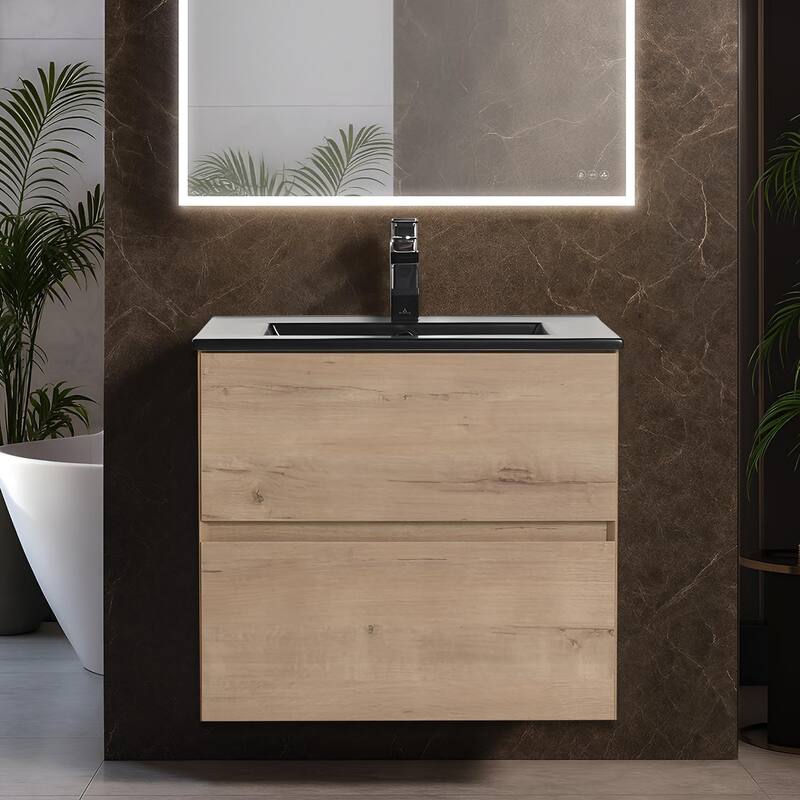 Blossom All Wood Wall Mounted Floating Bathroom Vanity with Sink - Classic Oak - 36" MB Ceramic Sink