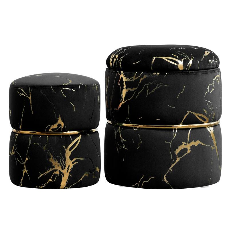 Round Ottoman Set of 2 with Storage, Upholstered Sherpa Vanity Stool for Makeup, Multifunctional Ottomans