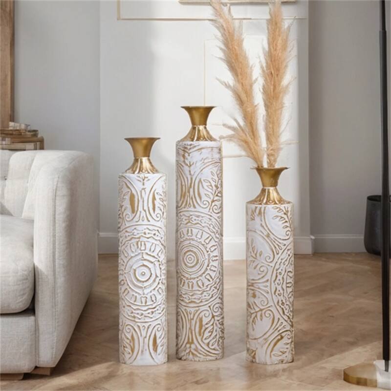 Decorated Floor Glazed Metal Vases (Set of 3)