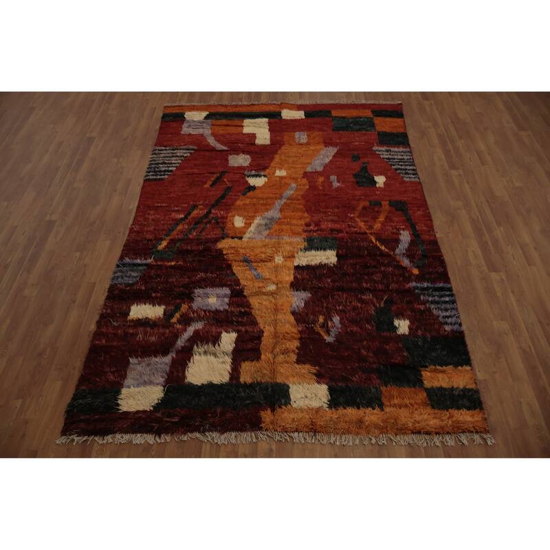 Hand Knotted Oriental 100% Wool Carpet Modern Tribal Red Moroccan Area Rug - 9' 8'' X 6' 6''