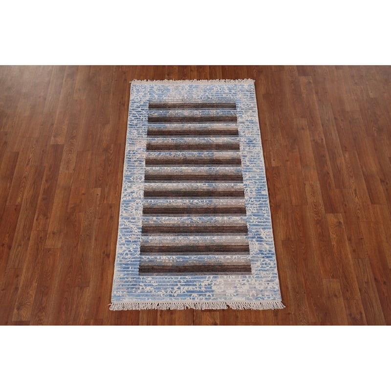 Striped / Modern Abstract Foyer Rug Hand-Knotted Wool Carpet - 2'8" x 4'7"