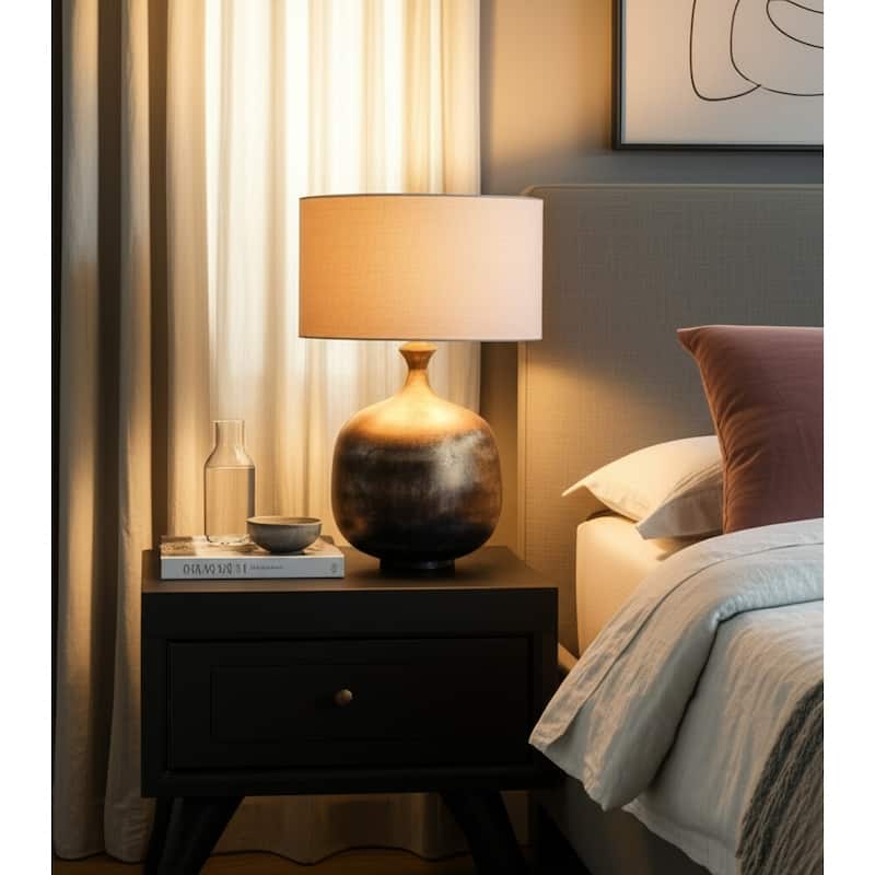 Metal Table Lamp Rounded Base Drum Shade Glam Modern Accent Lighting - Brown - 21.5" x 21.5" x 28"
