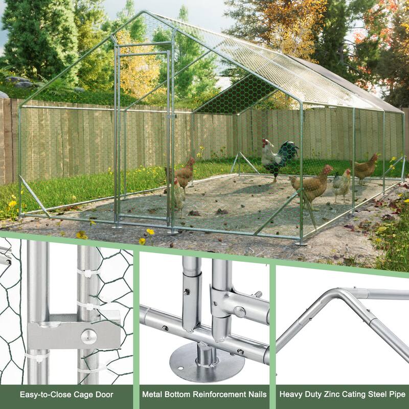 GDFStudio - Harrison Large Walk-In Metal Chicken Coop with Secure Galvanized Wire Run - 10' L x 20' W x 6.56' H