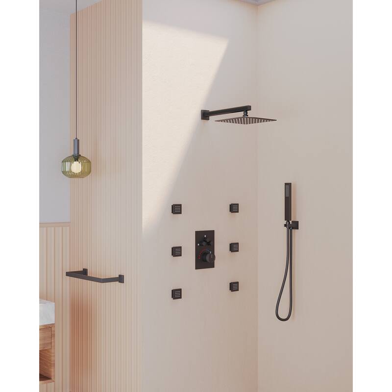 GRANDJOY Thermostatic Shower Faucet System Rainfall 12" Wall Mount Shower Faucet 6 Body Jets Handheld Spray High Pressure - Matte Black