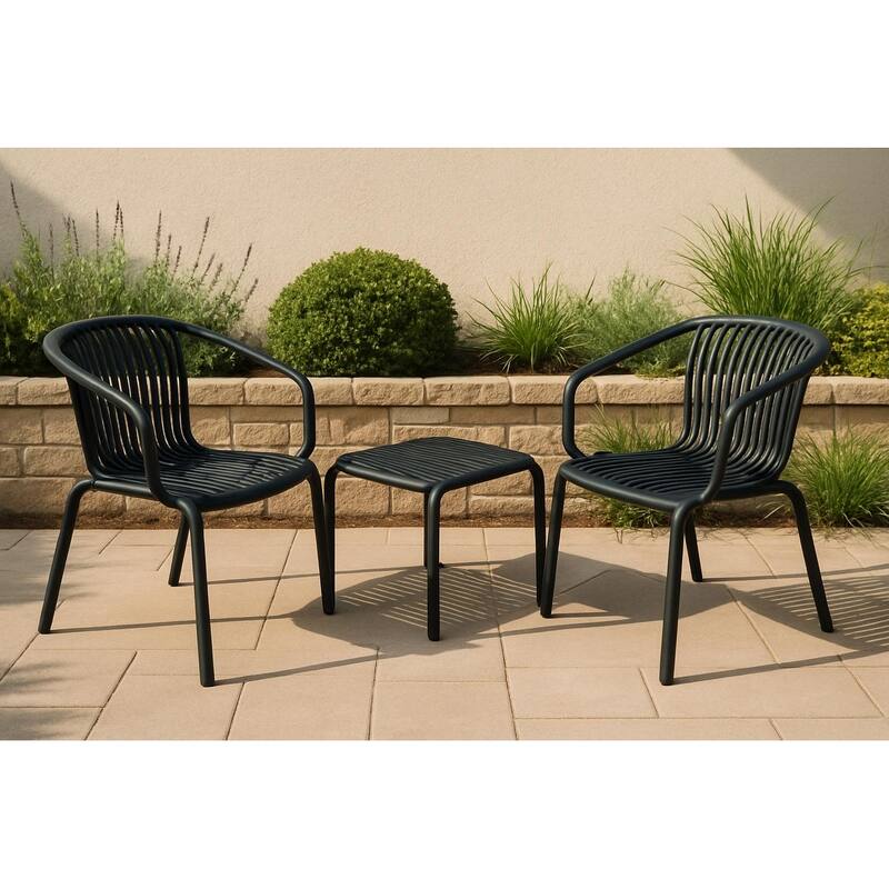 Brene 3-Piece Contract Grade Outdoor Chat Set with side table and 2 stackable lounge chairs.