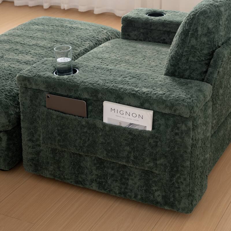 42" Oversized Green Faux Fur Chaise Lounge Sofa Bed with Storage, Cup Holders for Indoor Use