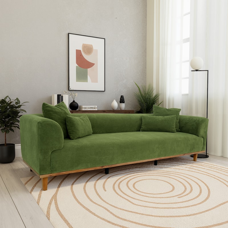 Zalma Three-Seater Velvet Sofa with Loose Pillows and Solid Wood Legs