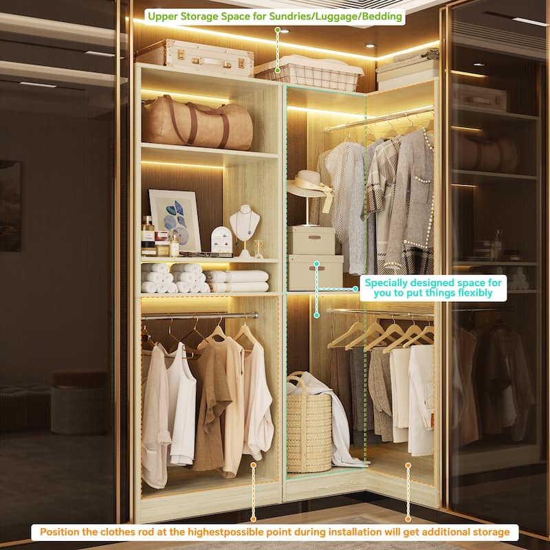 Cimly Set of 2 Corner Closet System, Freestanding Closet Organizer with Hanging Rods for Walk-in Closet