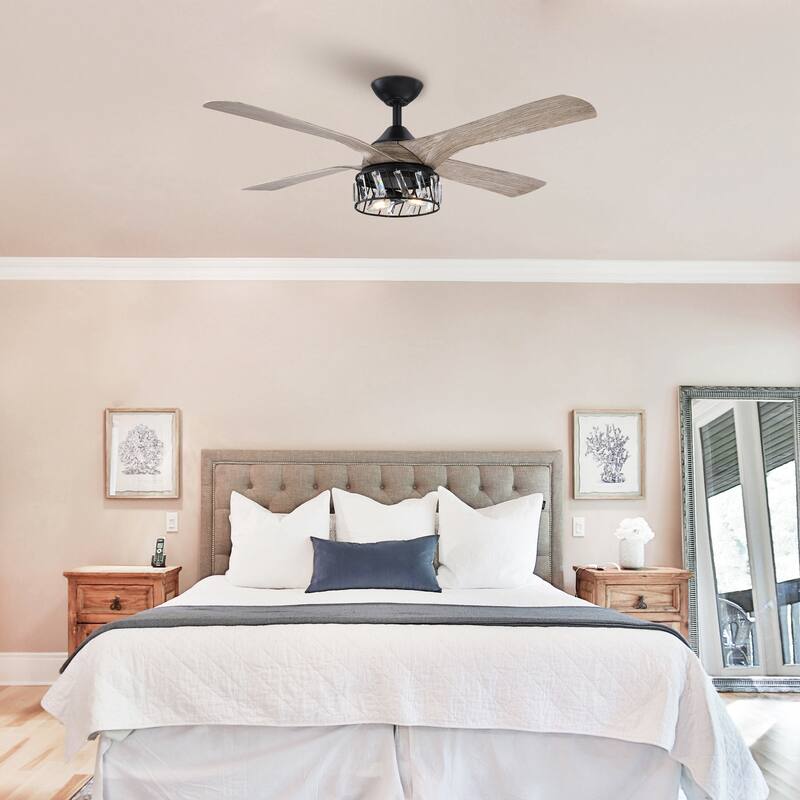 52-in Matte Black Modern Crystal LED Chandelier Ceiling Fan with Downrod and Remote