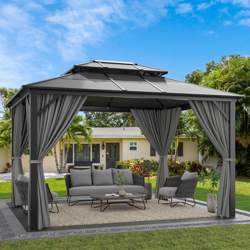 Outdoor Hardtop Gazebo with Double Roof & Aluminum Frame, Permanent Hardtop Gazebo with Netting and Curtains - 10*12FT - Grey