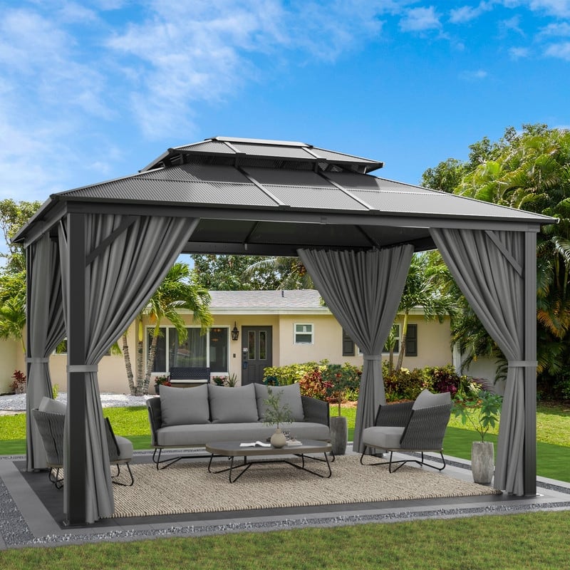 Outdoor Hardtop Gazebo with Double Roof & Aluminum Frame, Permanent Hardtop Gazebo with Netting and Curtains