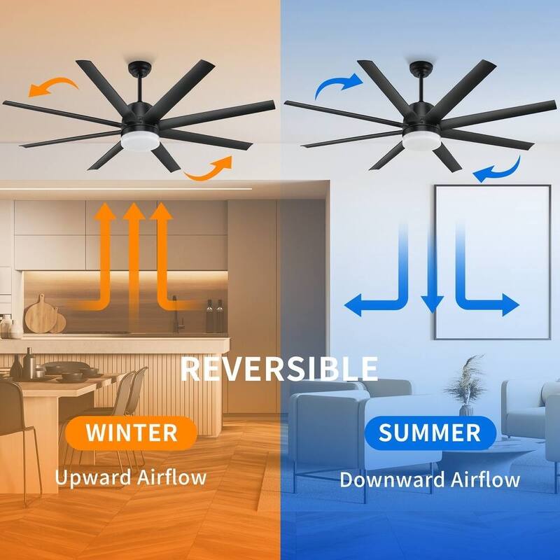 60 Inch Modern Fan Ceiling Fans with Lights and Remote, 3 Color LED Light & 8 Blades