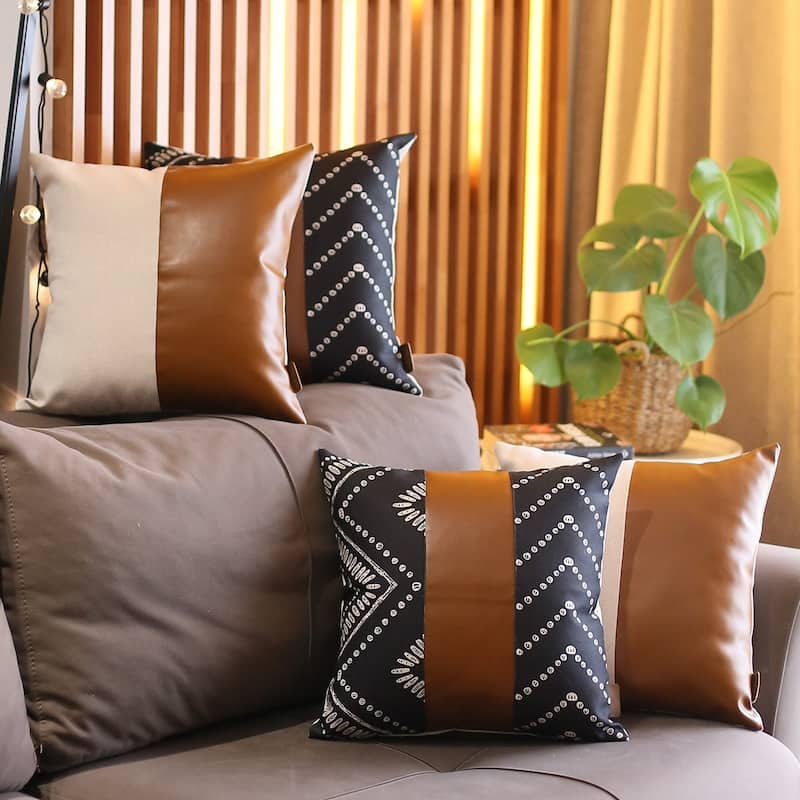 Boho Throw Pillow 17" x 17" Brown Mixed Design Set of 4 Vegan Faux Leather Geometric