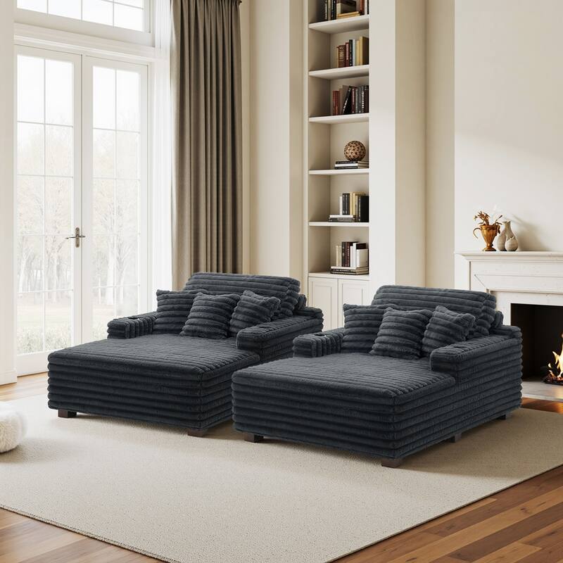 53"W Oversized Plush Fur-Like Chaise Lounge Sofa with Cup Holder