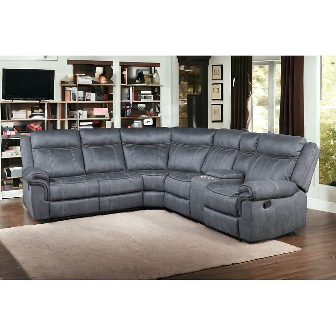 HomeRoots Gray Velvet Reclining L Shaped Six Piece Corner Sectional With Console - 131