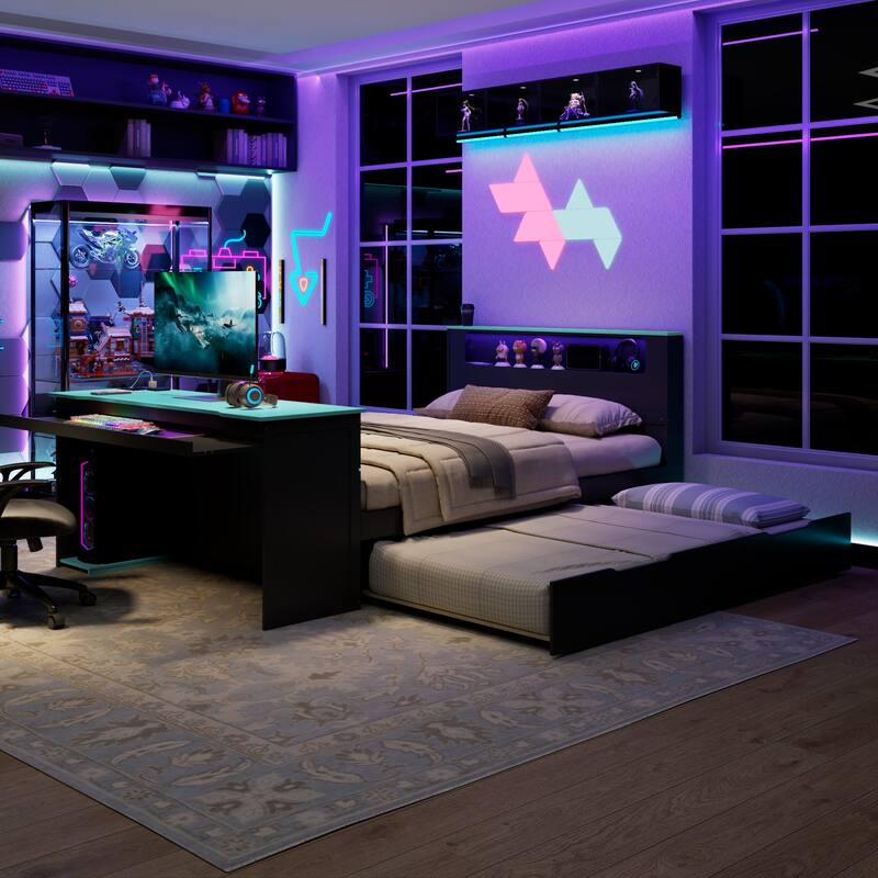 Wood Daybed with Trundle & Built-in Desk, LED Lights & USB Charging Port, Available in Full or Twin