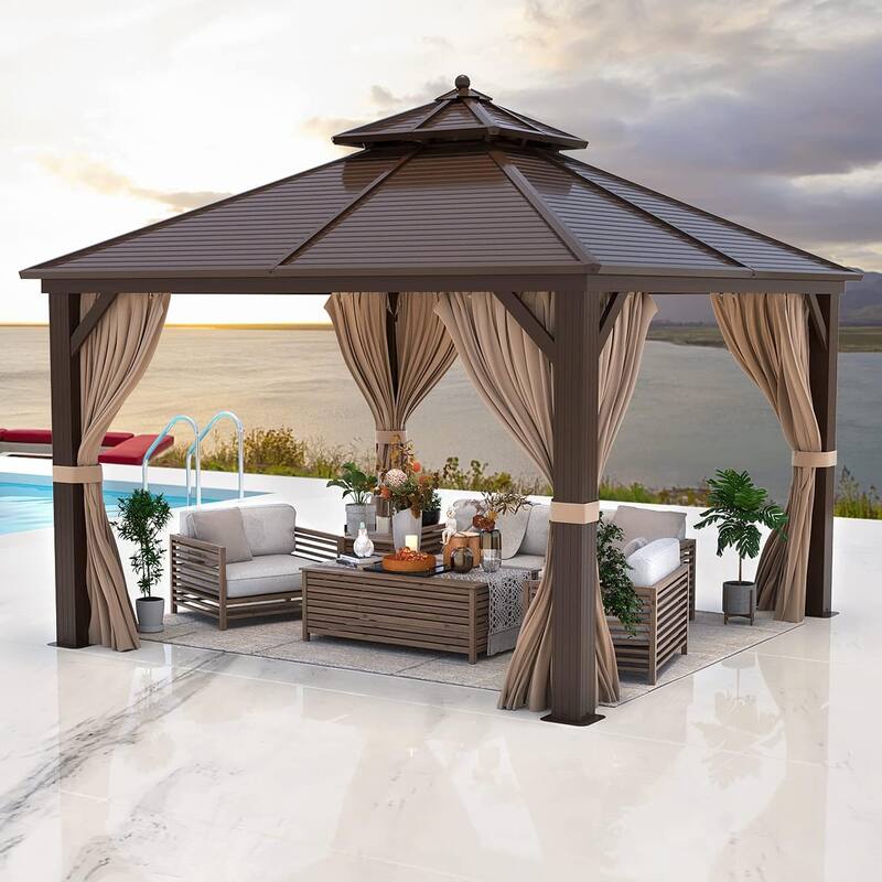 Pro Series Outdoor Hardtop Gazebo Pergola | Galvanized Steel Roof & Aluminum Frame | Includes Premium Curtains & Netting