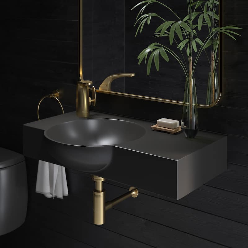 Chateau 30" Left Side Faucet Wall-Mount Bathroom Sink In Matte Black - 29.53" x 13.72" x 4.53"