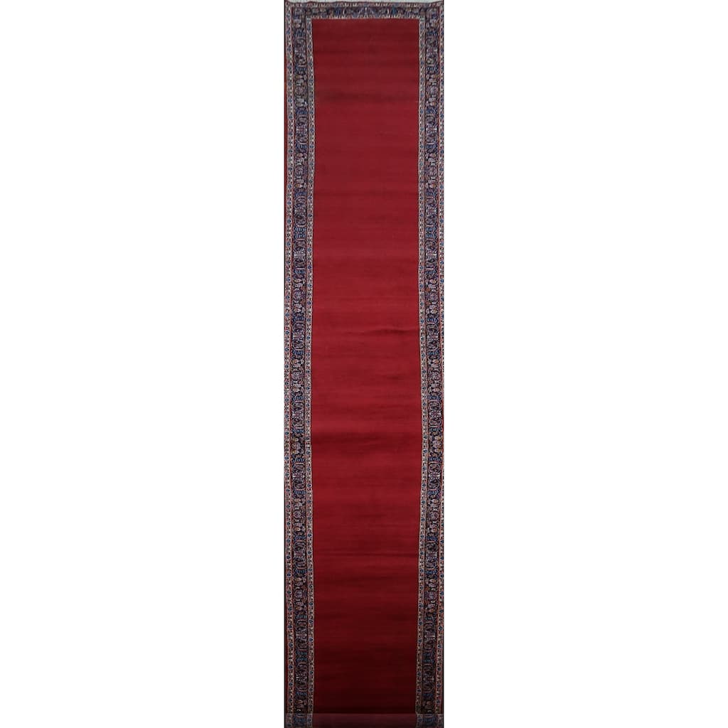 Hand Knotted Oriental 100% Wool Carpet Traditional Solid Red Kashan Runner Rug - 32' 7'' X 3' 3''