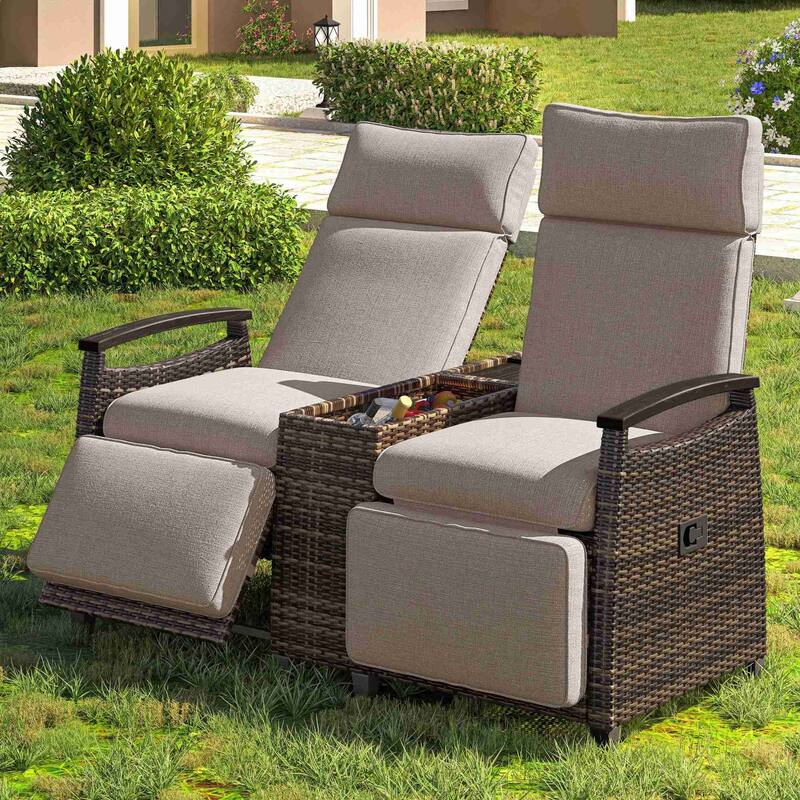 Wicker Patio Recliner Chair Set with Cushions and Storage Table - Brown