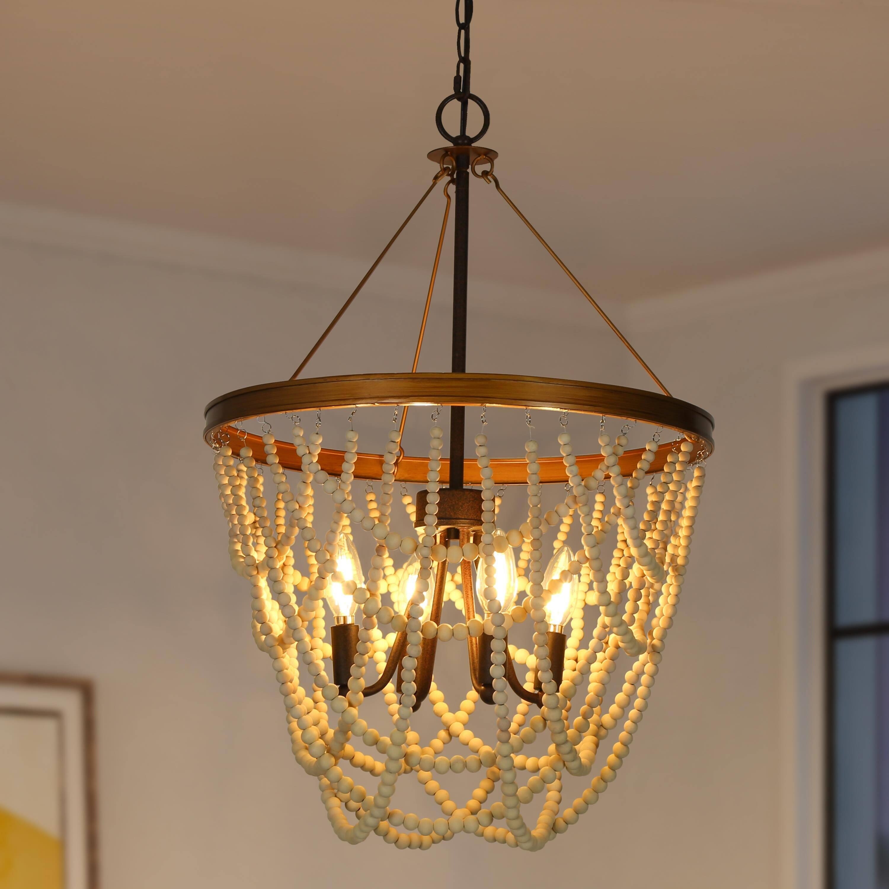 LUXURY Modern Farmhouse Wood Beaded Chandelier French Contemporary Ceiling Lights for Dining Room D 17.7 x H 86.7 Disressed Wite