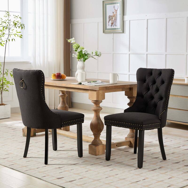 High-end Tufted Solid Wood Linen Dining Chair with Wood Legs Nailhead Trim 2-Pcs Set