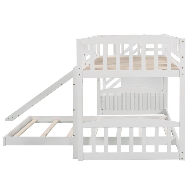White Stairway Twin over Twin Wood Bunk Bed with 2 Step Drawer and Convertible Slide and Ladder, 94.3''L*91.8''W*48.8''H, 184LBS