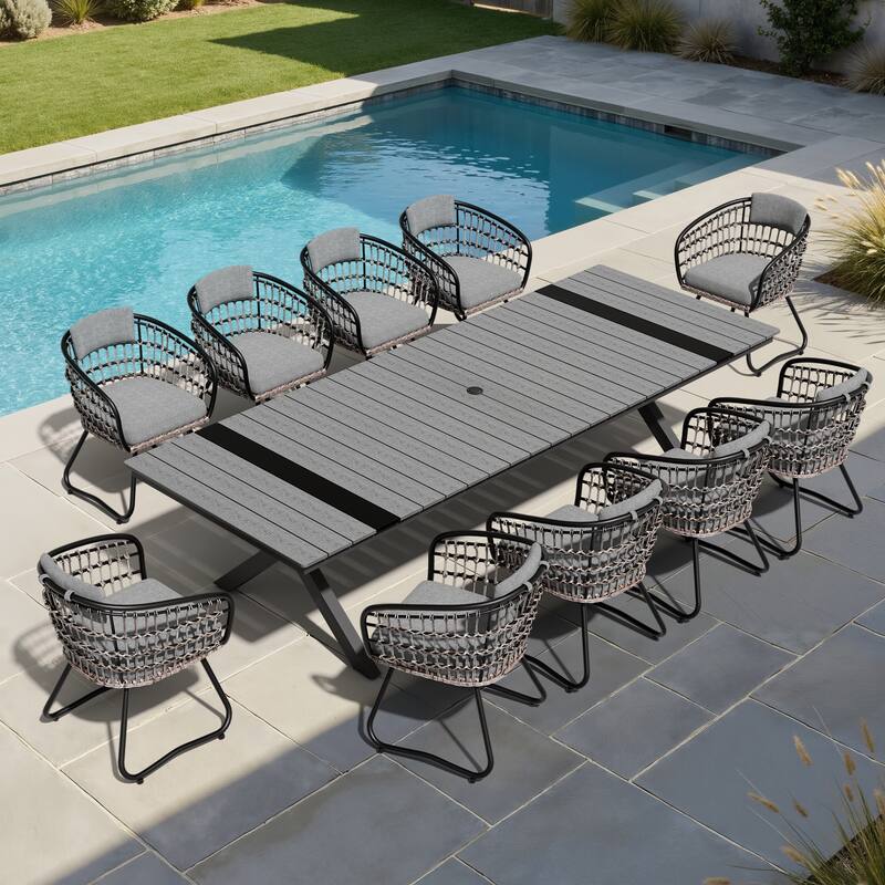 11PC Outdoor Patio Aluminum Dining X Frame Table and Rattan Chairs Set with Umbrella Hole - GreyTable&GreyChairs