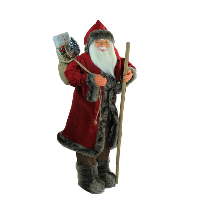 48" Red Brown Santa Claus with Walking Stick Christmas Figure