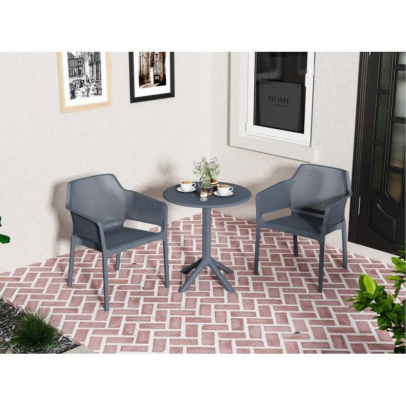 3-Piece Outdoor Bistro Set, 2 Stackable Chairs & 1 Table, Durable Resin Material for Balcony, Patio, Garden - Charcoal