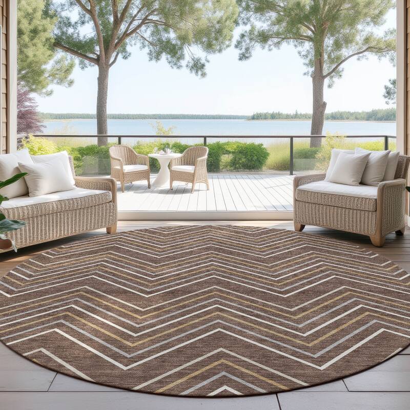 Machine Washable Indoor/ Outdoor Modern Chevron Chantille Rug - Brown - 8' x 8'