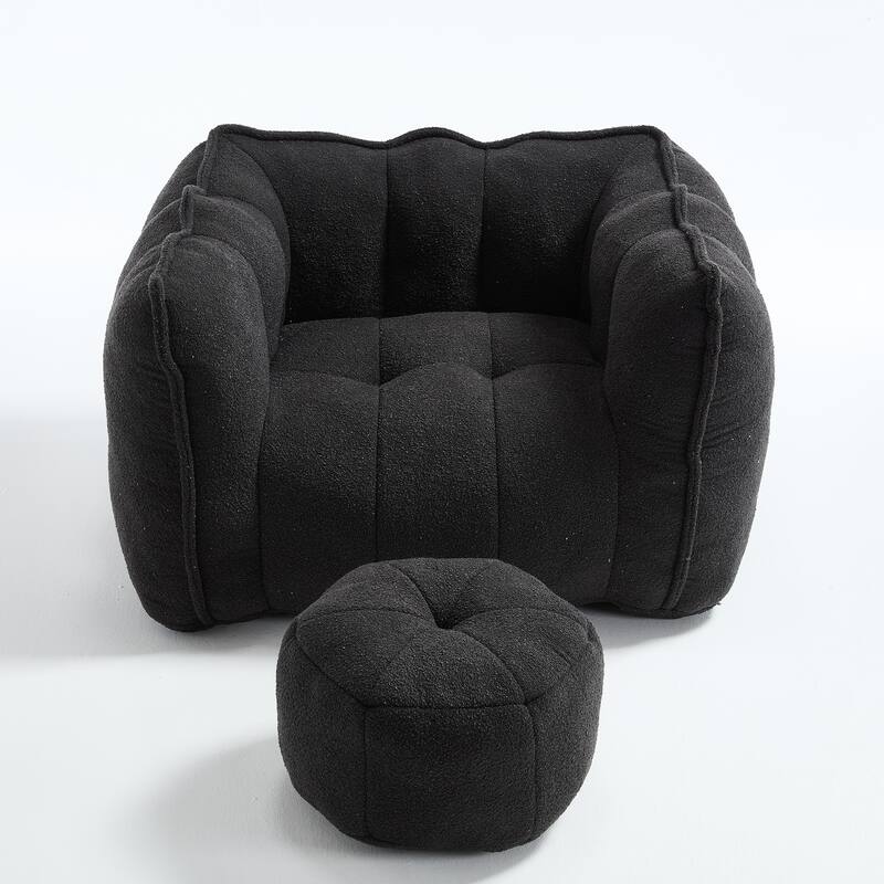 Extra-Large Chenille Bean Bag Chair with Footstool, Comfy Bean Bag Sofa for Adults, High Resilient Foam Square Lazy Sofa
