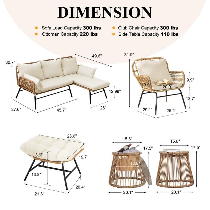8-Piece Outdoor Boho Wicker Patio Furniture Set, L-Shaped Sectional Sofa with 2 Chairs, 2 Ottomans & Ice Bucket Table