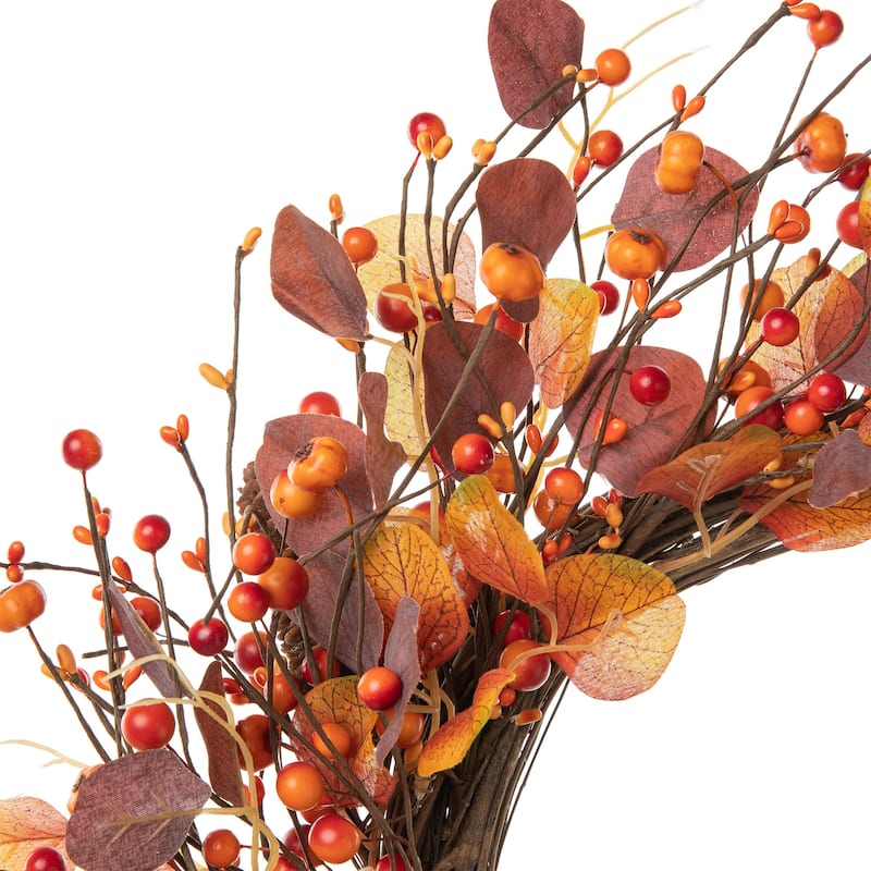 Glitzhome 22"D Fall Eucalyptus Berry Wreath with Hanger Thanksgiving Decor