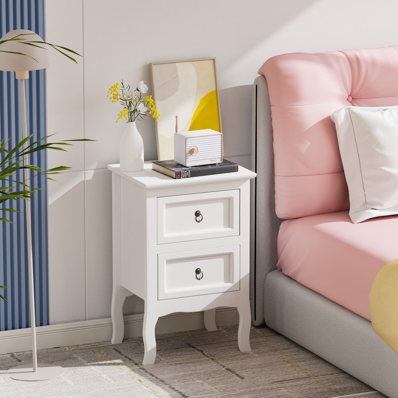 White MDF 2-Drawer Nightstand with Curved Legs, Tool-Free Assembly, 15.7x11.8x23.6in - 2pcs