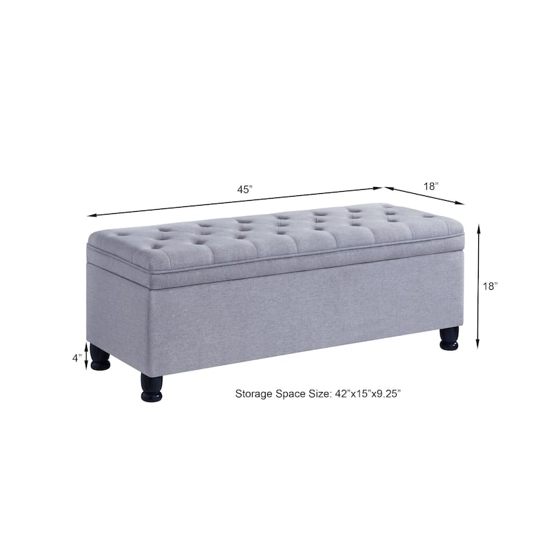 Upholstered tufted button storage bench with spindle wooden legs