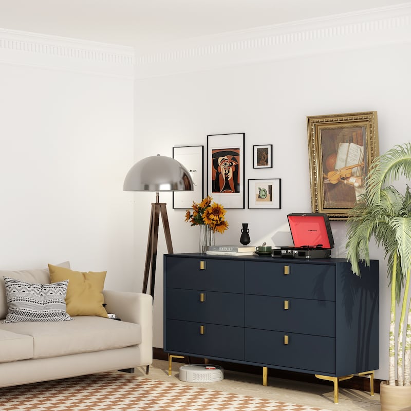 55.1"W 6-Drawer Double Dresser Black Gold Storage Cabinet Chest