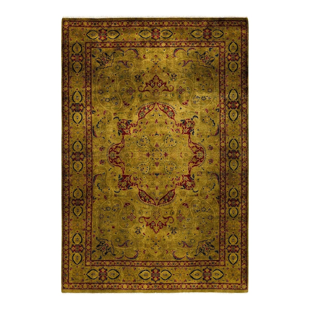 Overton Hand Knotted Wool Vintage Inspired Modern Contemporary Overdyed Gold Area Rug - 4' 2" x 6' 1"