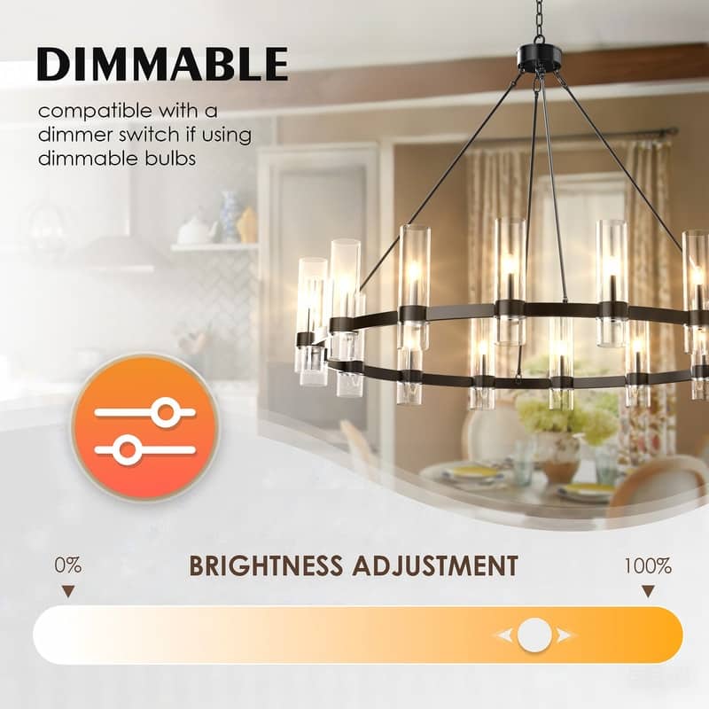 Black Wagon Wheel Chandelier with Glass Shades Adjustable Farmhouse Pendant Light for High Ceilings