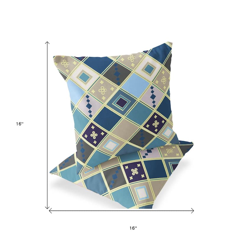 HomeRoots Set of Two 16" X 16" Blue and Gold Blown Seam Diamond Indoor Outdoor Throw Pillow - 16.00' X '16.00' X '5.00
