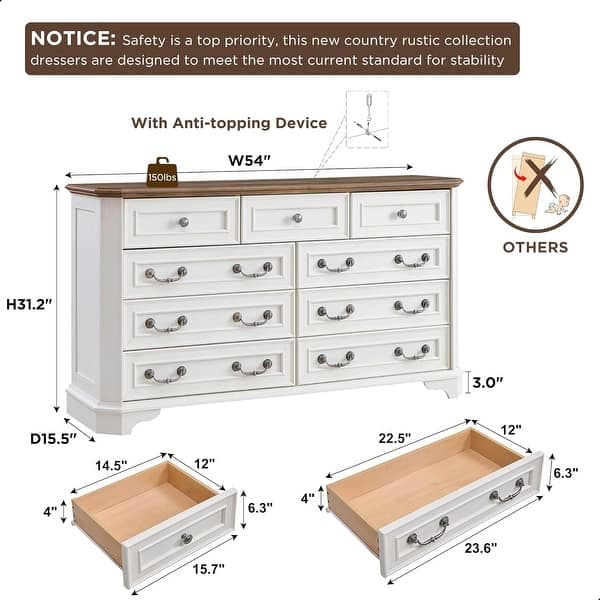 dimension image slide 10 of 19, Farmhouse Drawers Dresser, Wood Chest of Drawers, Dressers Organizer
